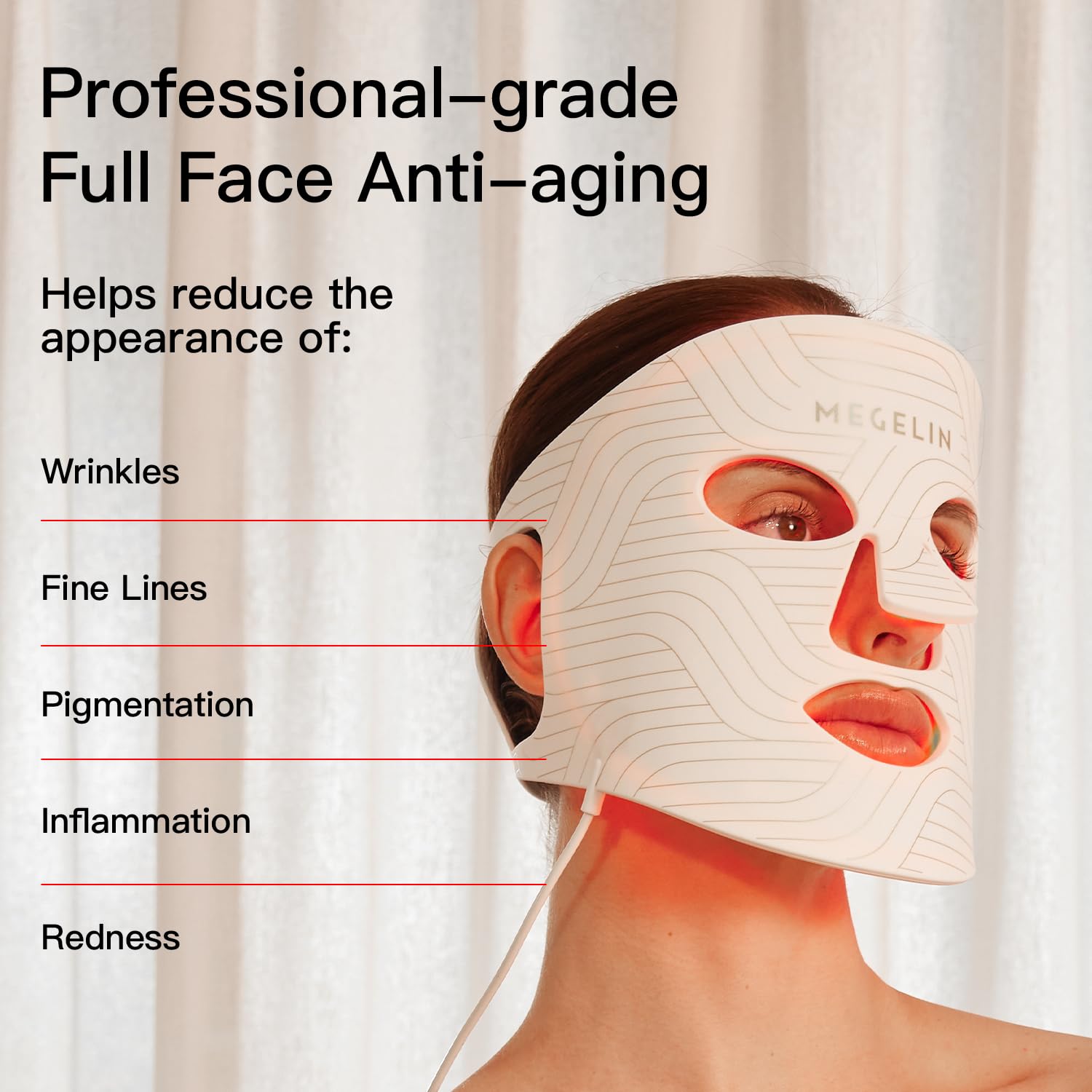 MEGELIN Upgrade LED Red Light Mask close-up-illumination showing gentle light emission for targeted care.