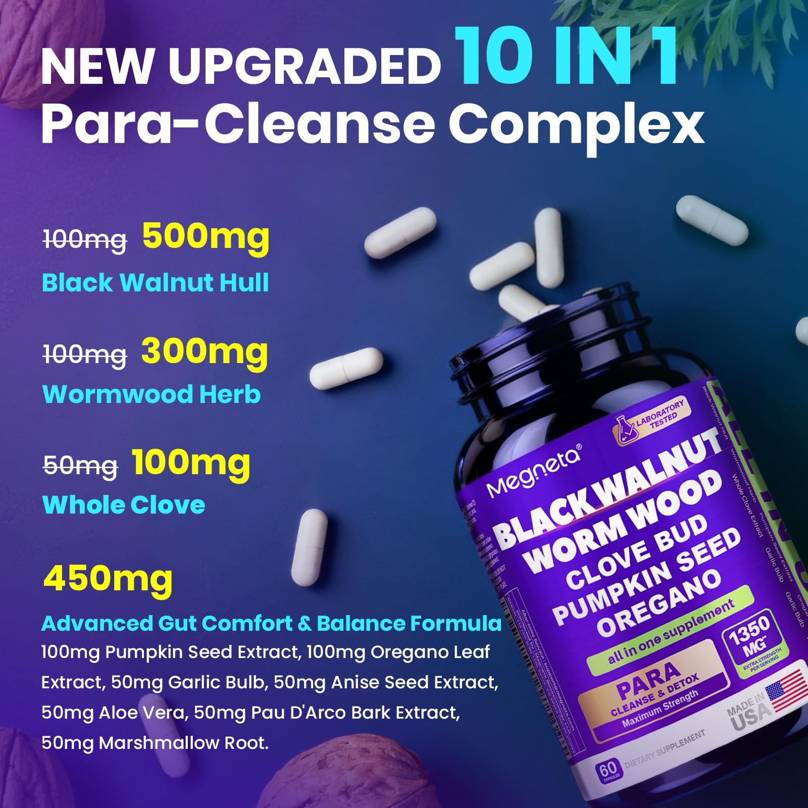 MEGNETA 10-herb blend capsules closeup highlighting gut health potential