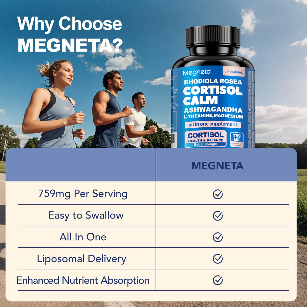 MEGNETA Cortisol Balance bottle label showing USA-made, vegan, non-GMO quality