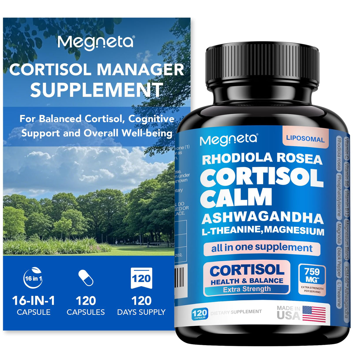 MEGNETA Cortisol Balance bottle pouring capsules for daily calm and better sleep support