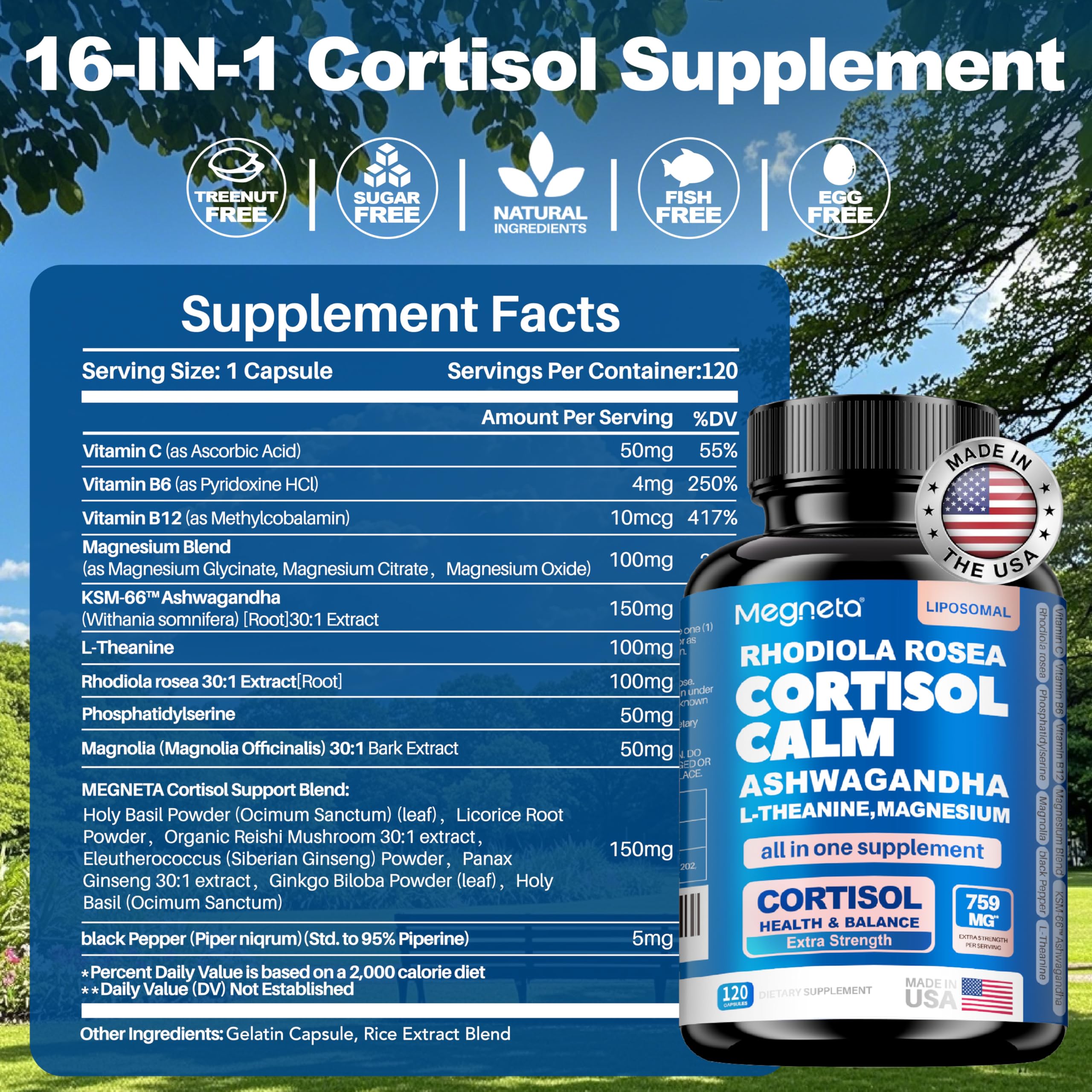 MEGNETA Cortisol Balance packaging displayed on a shelf for natural stress support options