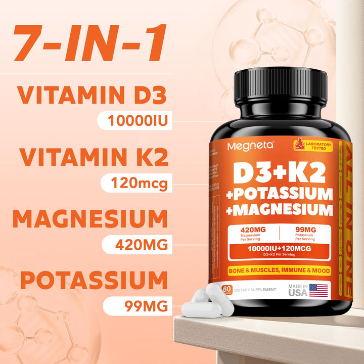 MEGNETA label seven-nutrient view showing calcium and bone support.