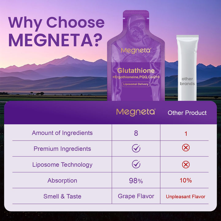 MEGNETA Liposomal Glutathione ingredients chart highlights immune and energy support