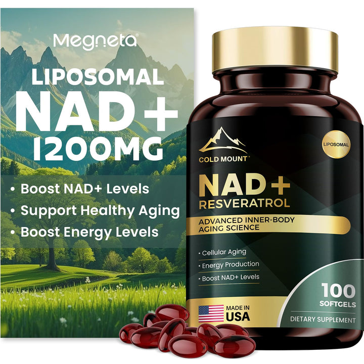 MEGNETA liposomal NAD+ supplement bottle on desk for daily energy support.