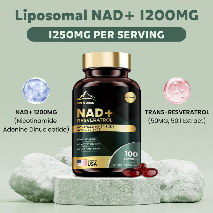 Close-up of MEGNETA label showing 1200mg NAD+ and Trans-Resveratrol.