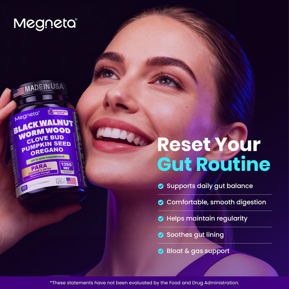 MEGNETA Pumpkin seed Oregano capsules image suggests natural digestive balance