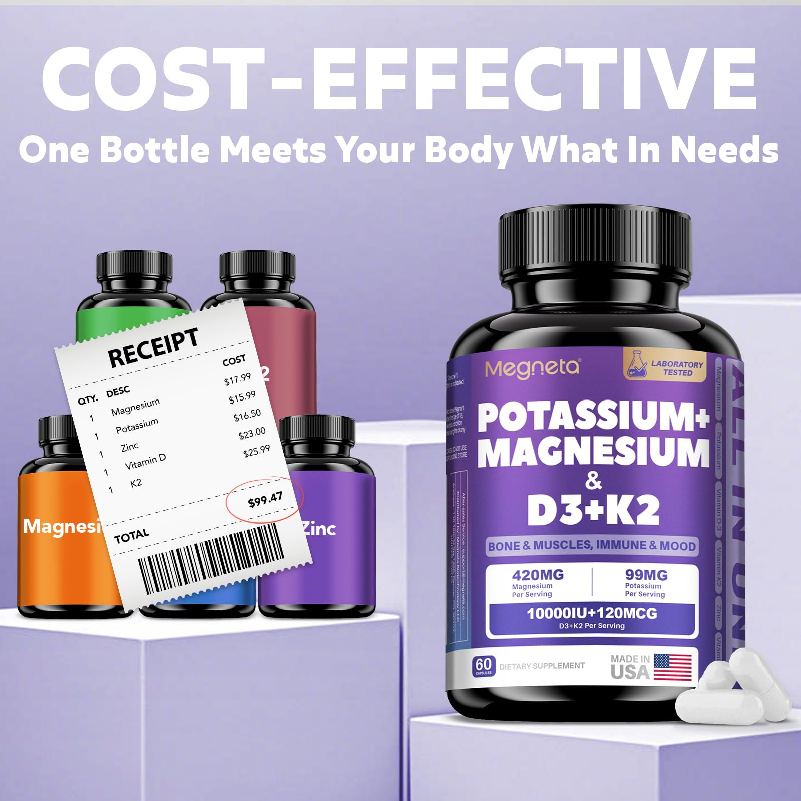 MEGNETA supplement packaging display suggests premium bone and immune support.