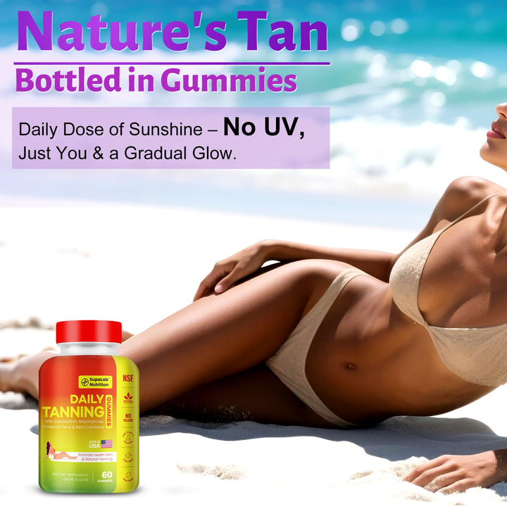 MEGNETA Tanning Gummies zinc citrate and beta carotene detail, supporting skin hydration.