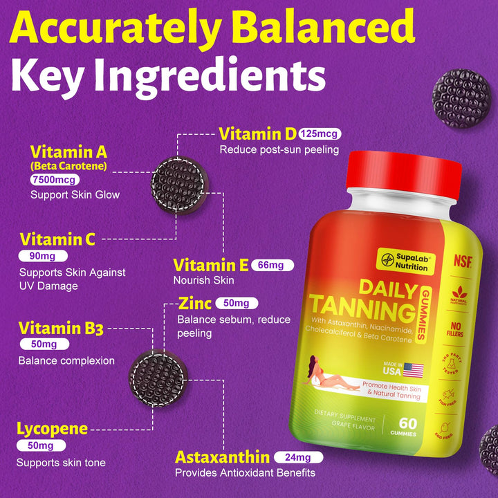 MEGNETA Tanning Gummies close-up gummies, delicious grape flavor supports consistent self-tanning.