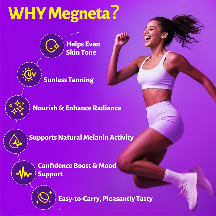 MEGNETA Tanning Gummies vegan formula with zinc citrate, clean minerals for skin nourishment.