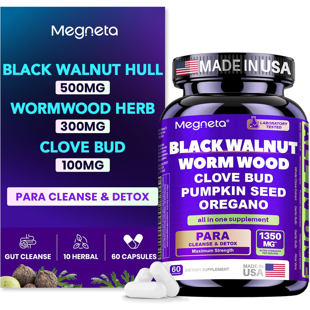 MEGNETA Wormwood Black Walnut Clove Cleanse bottle shows a 10-herb blend for daily digestive support