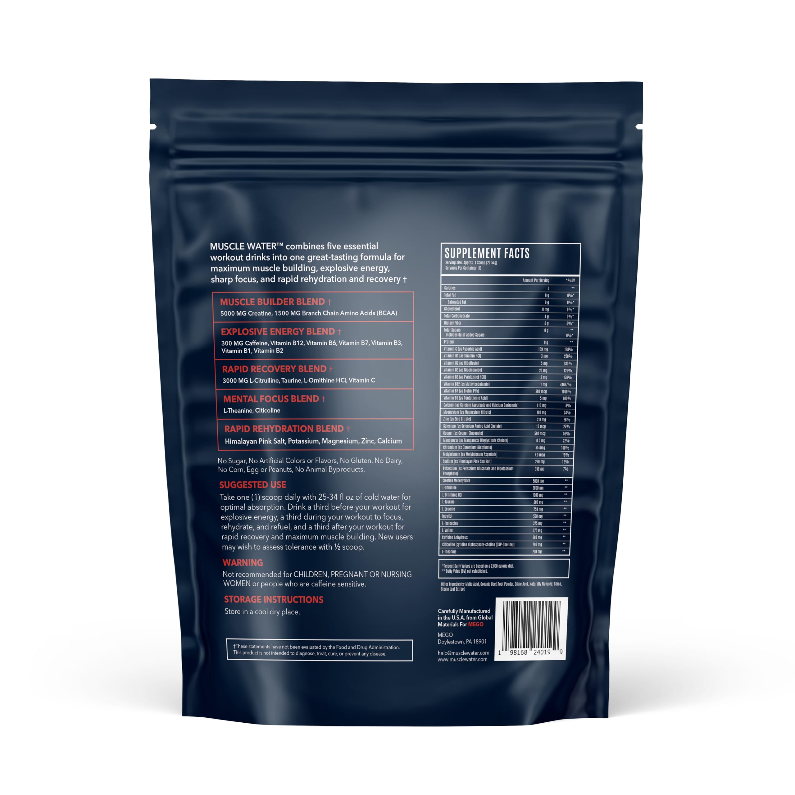 MEGO Muscle Water glass-mixed reveals vibrant Fruit Punch color and refreshing hydration.