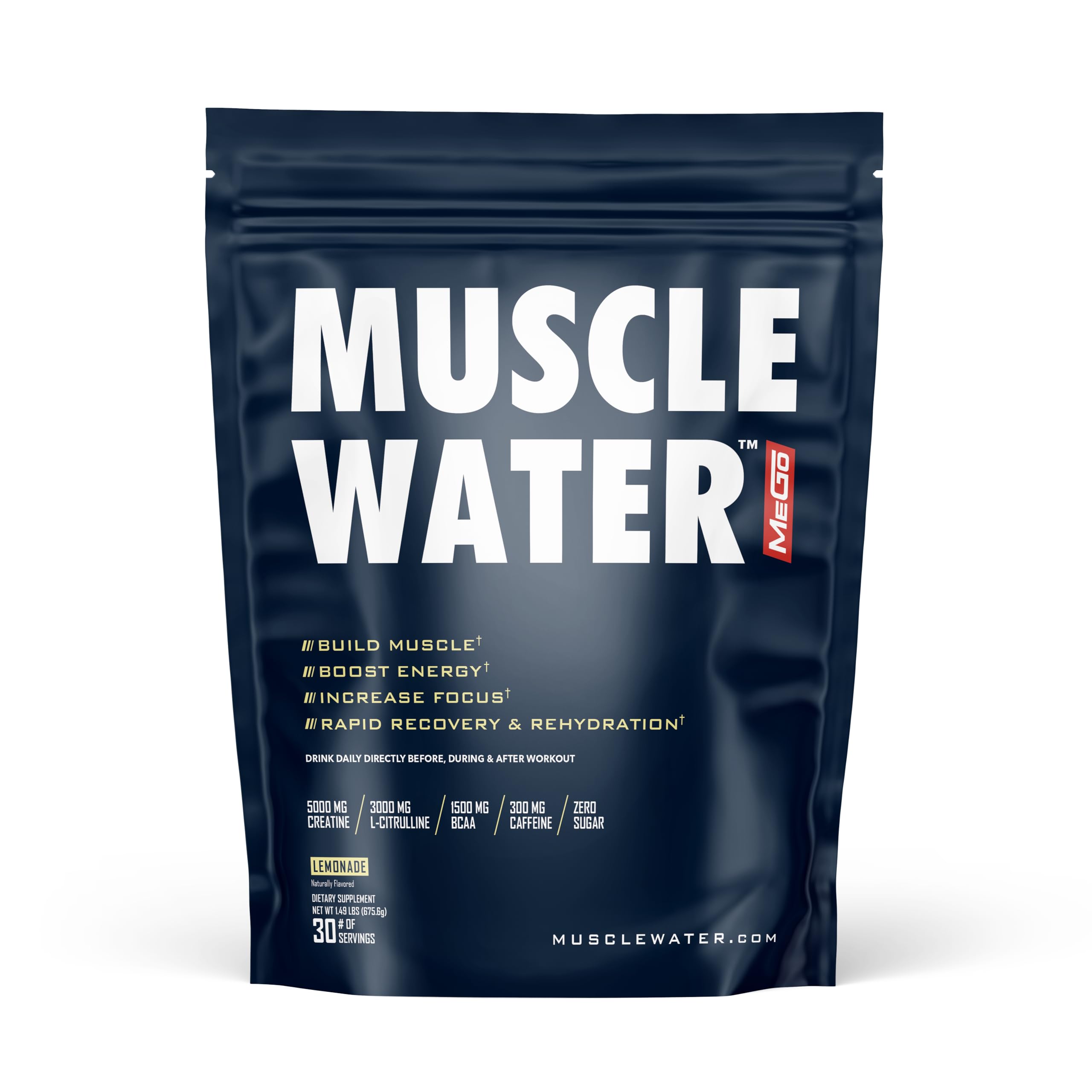MEGO Muscle Water front label highlighting all-in-one pre-workout benefits for energy