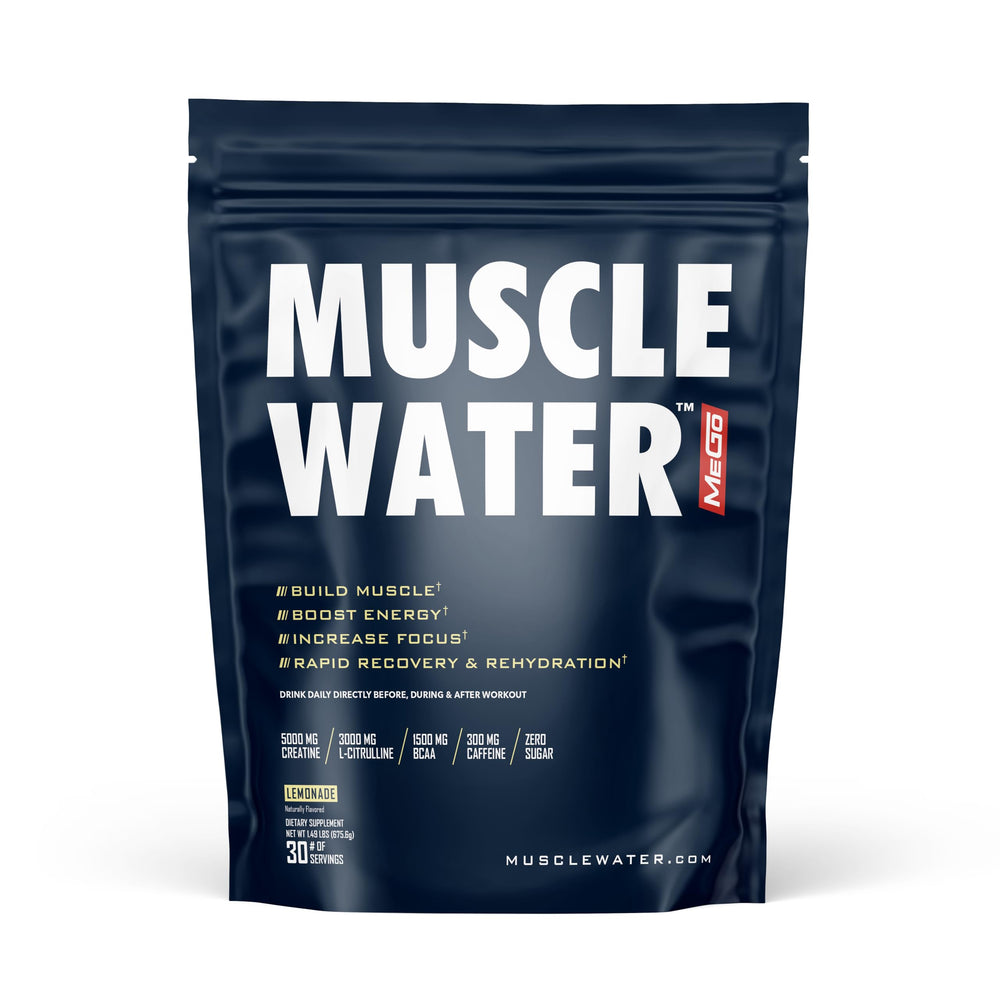 MEGO Muscle Water front label highlighting all-in-one pre-workout benefits for energy