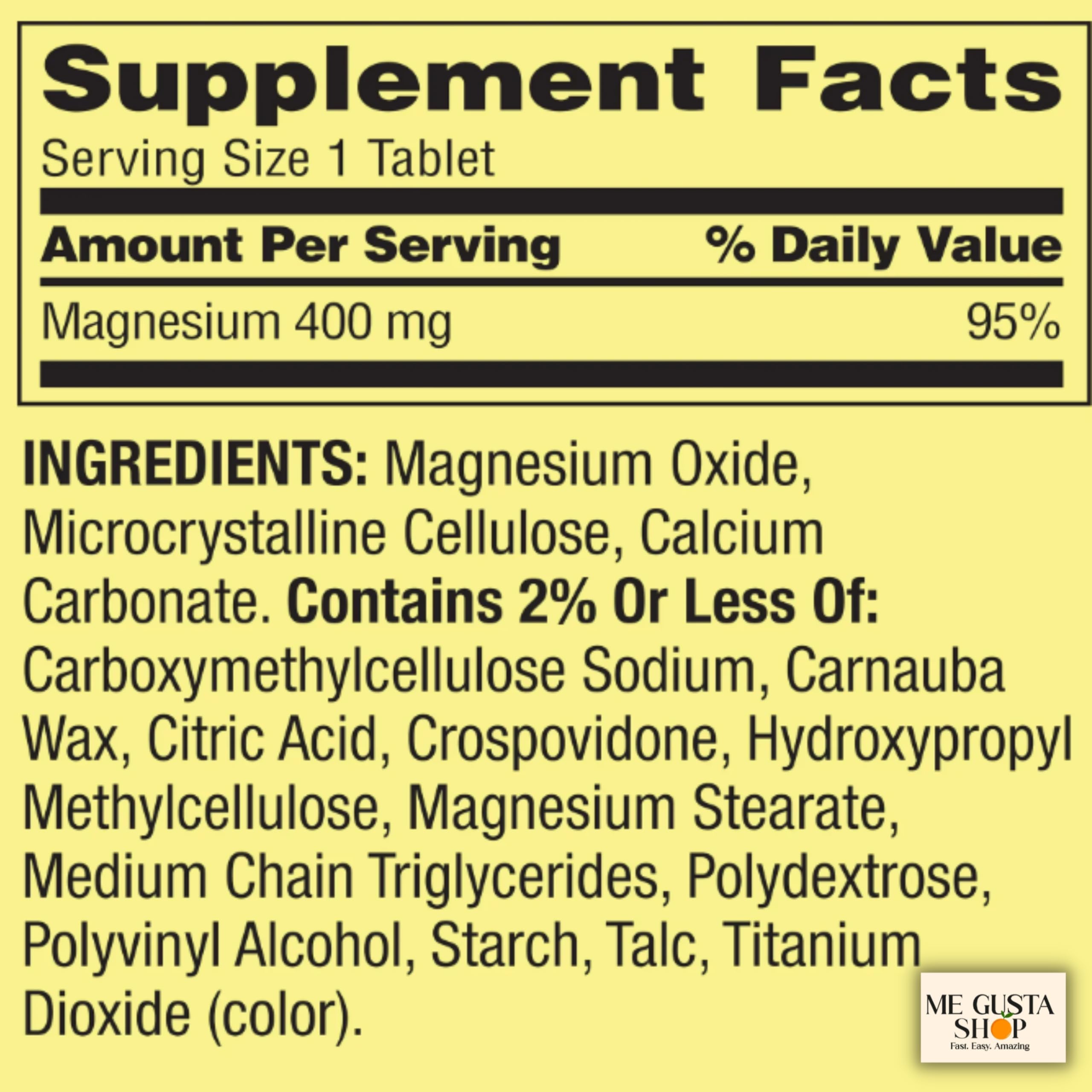 ME GUSTA SHOP Magnesium tablets closeup 400 mg highlighting supplement details