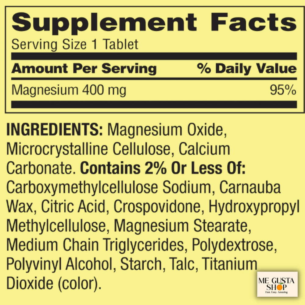 ME GUSTA SHOP Magnesium tablets closeup 400 mg highlighting supplement details