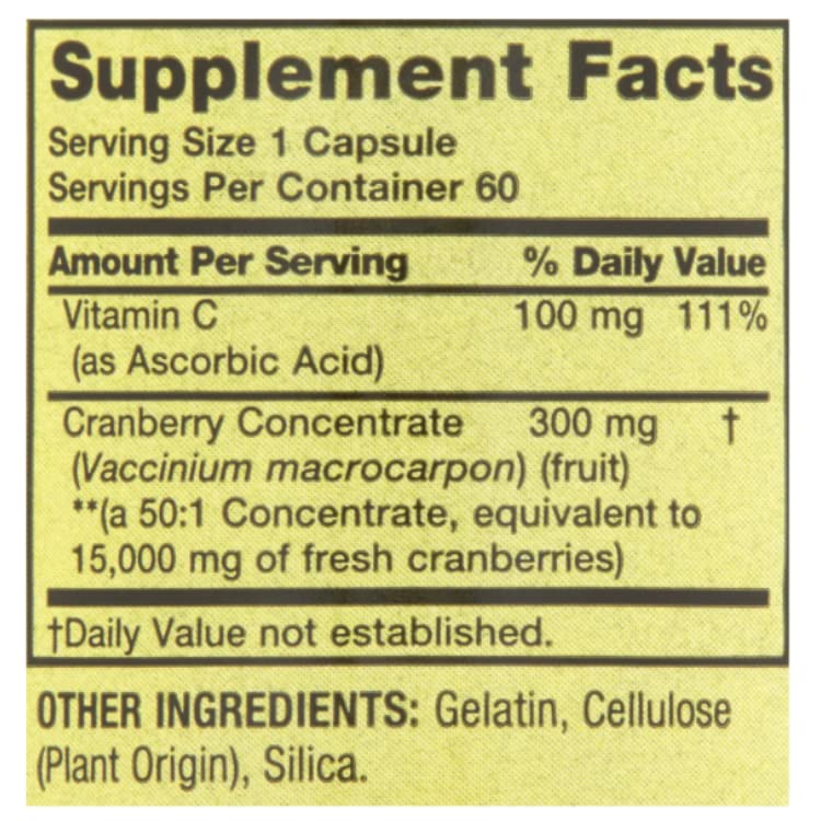 Close-up of Spring Valley cranberry label showing potency for this product.