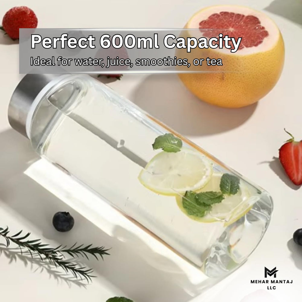 MEHAR MANTAJ glass bottle withstands hot and cold beverages for versatile use.