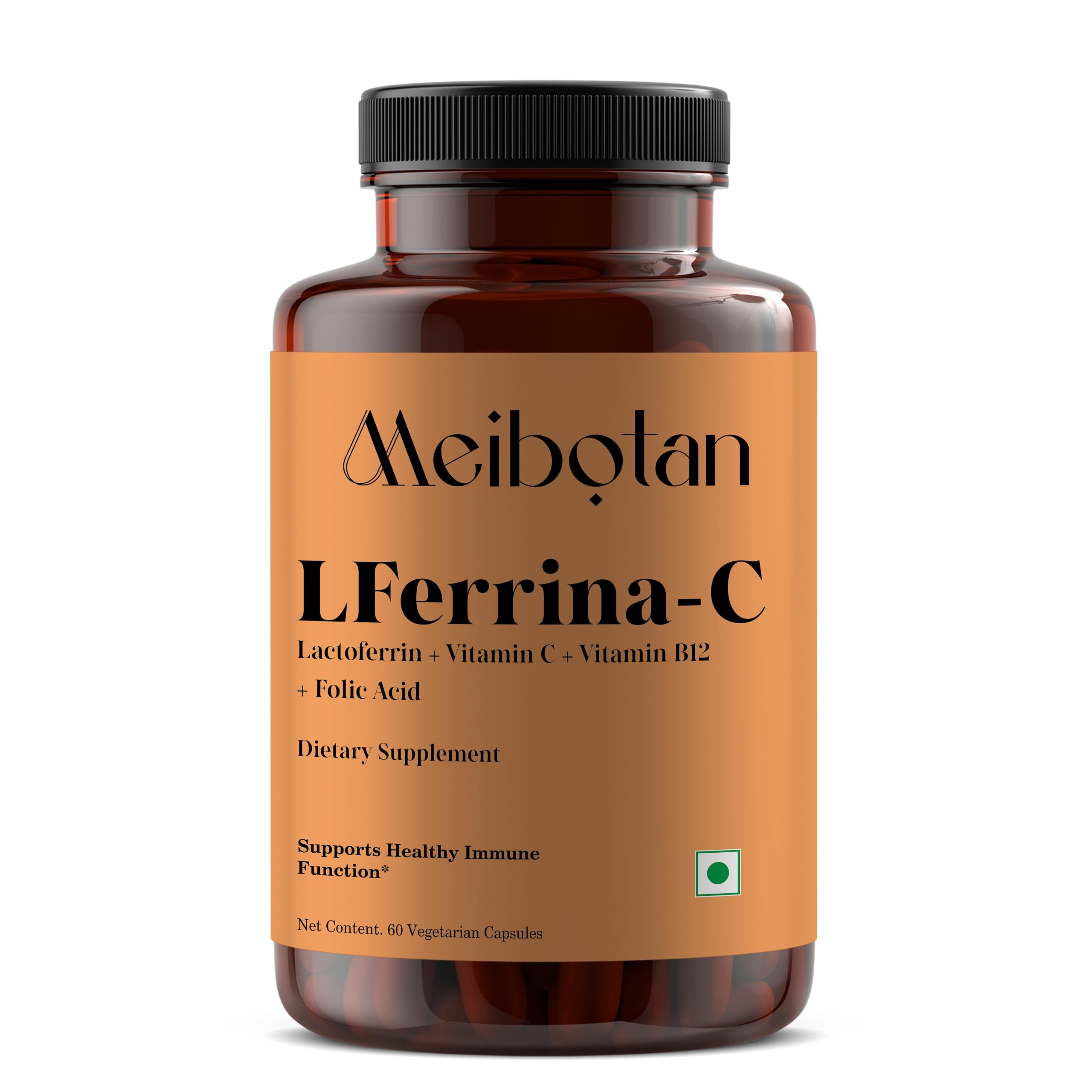 MEIBOTAN lactoferrin capsules poured into a spoon showing easy daily intake