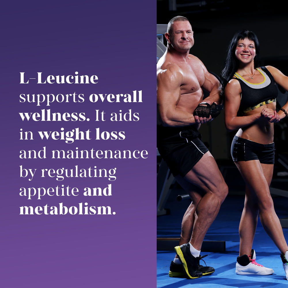 Gym scene with MEIBOTAN L-Leucine beside dumbbells.