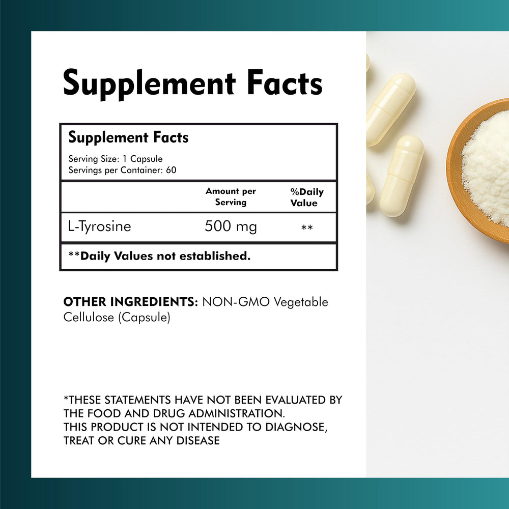 MEIBOTAN Tyrosine 500mg label front highlights gluten-free, vegan-friendly credentials
