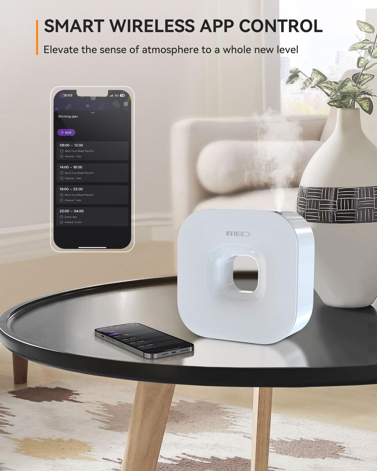 MEIDI Waterless Diffuser hang-up setup with wall panels for space-saving installation.