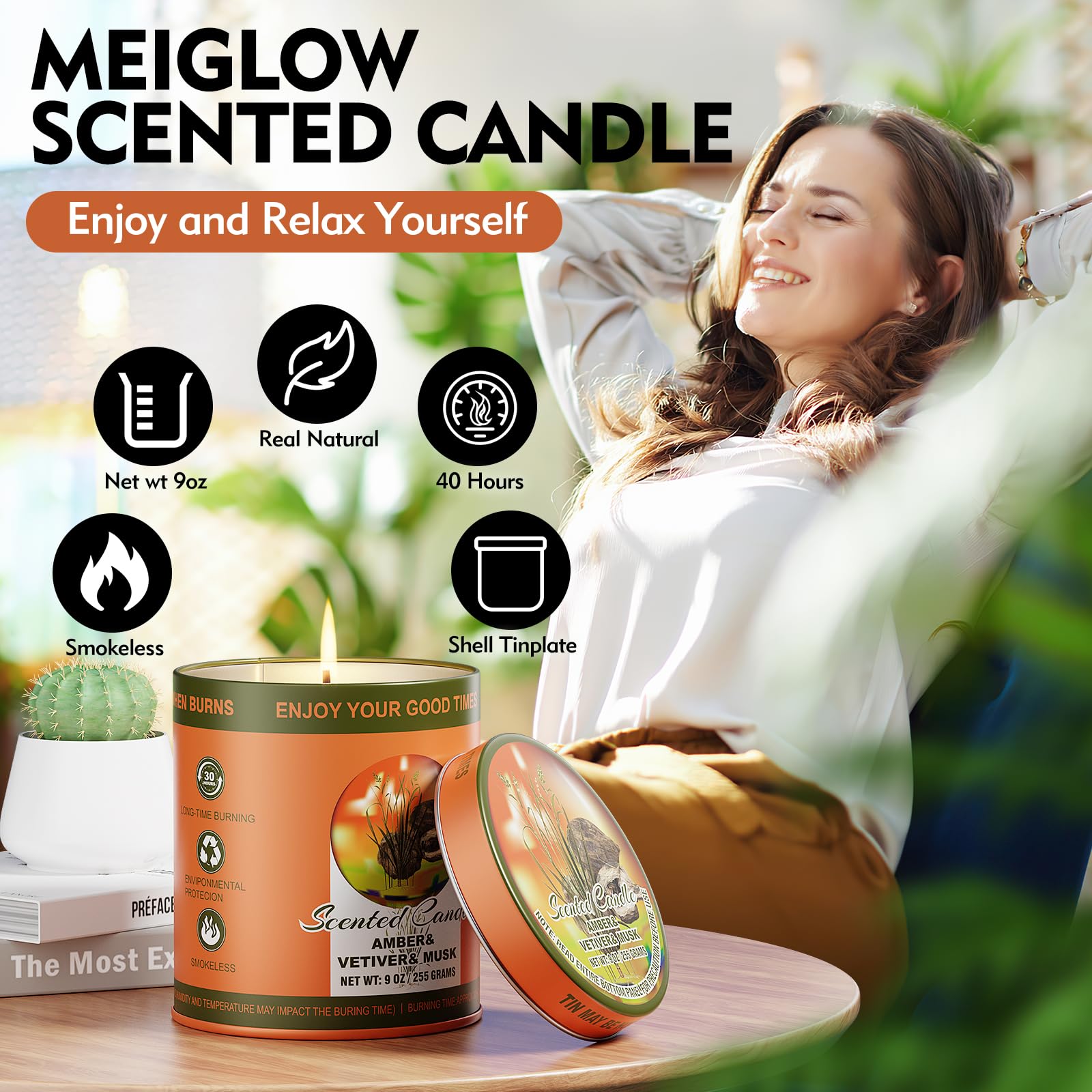 MeiGlow cozy room ambiance candle ideal for desk or living room spaces.