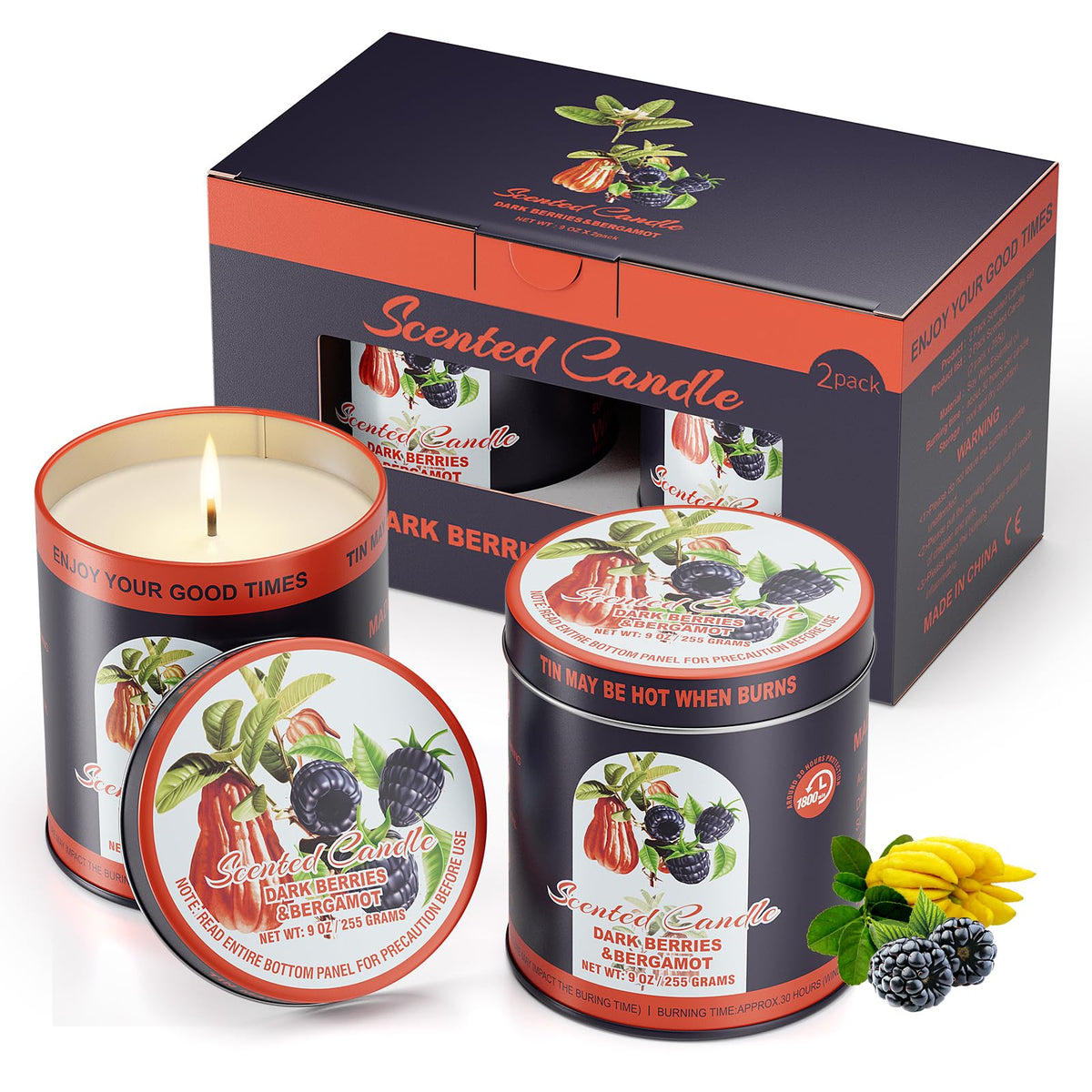MeiGlow dark berries bergamot candle tin offers long-lasting fragrance.