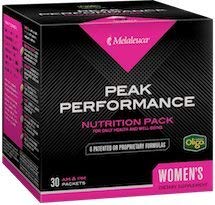 Melaleuca Peak Performance Pack Women’s Formula bottle pour supports daily energy and cardiovascular health.