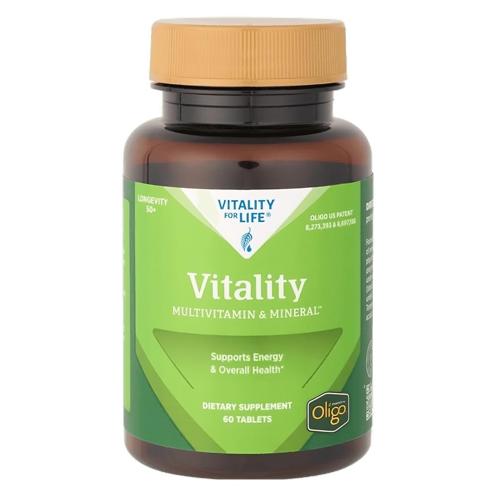 Melaleuca Vitality multivitamin bottle on shelf, highlighting daily energy support for 50+ adults.