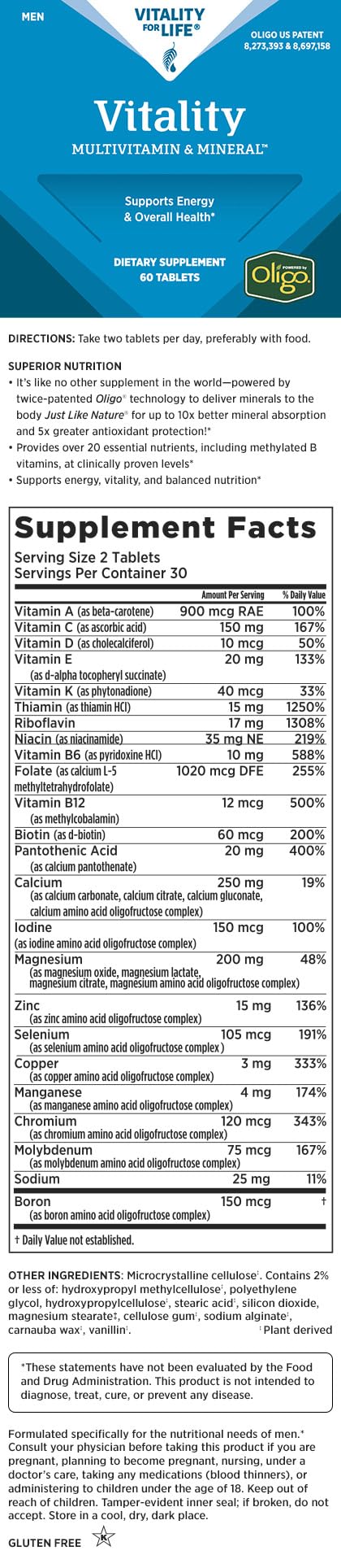 Melaleuca Vitality Multivitamin for Men close-up of tablets showing daily supplementation with organically bound minerals.