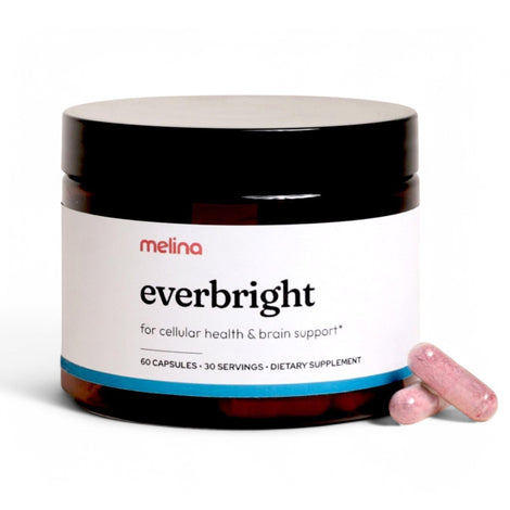 Melina Everbright NAD supplement bottle ready for daily energy support.