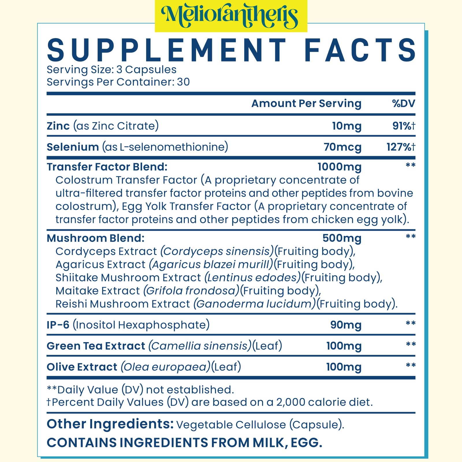 Meliorantheris Transfer Factor bottle dispense shot emphasizing easy dosage