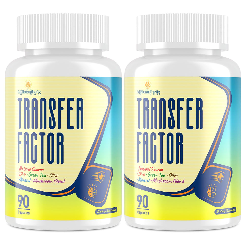 Meliorantheris Transfer Factor bottle label highlighting zinc and selenium for immune balance