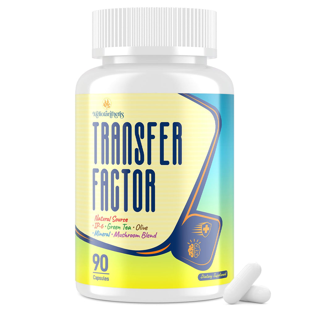 Meliorantheris Transfer Factor capsules close-up, suggesting daily immune support.
