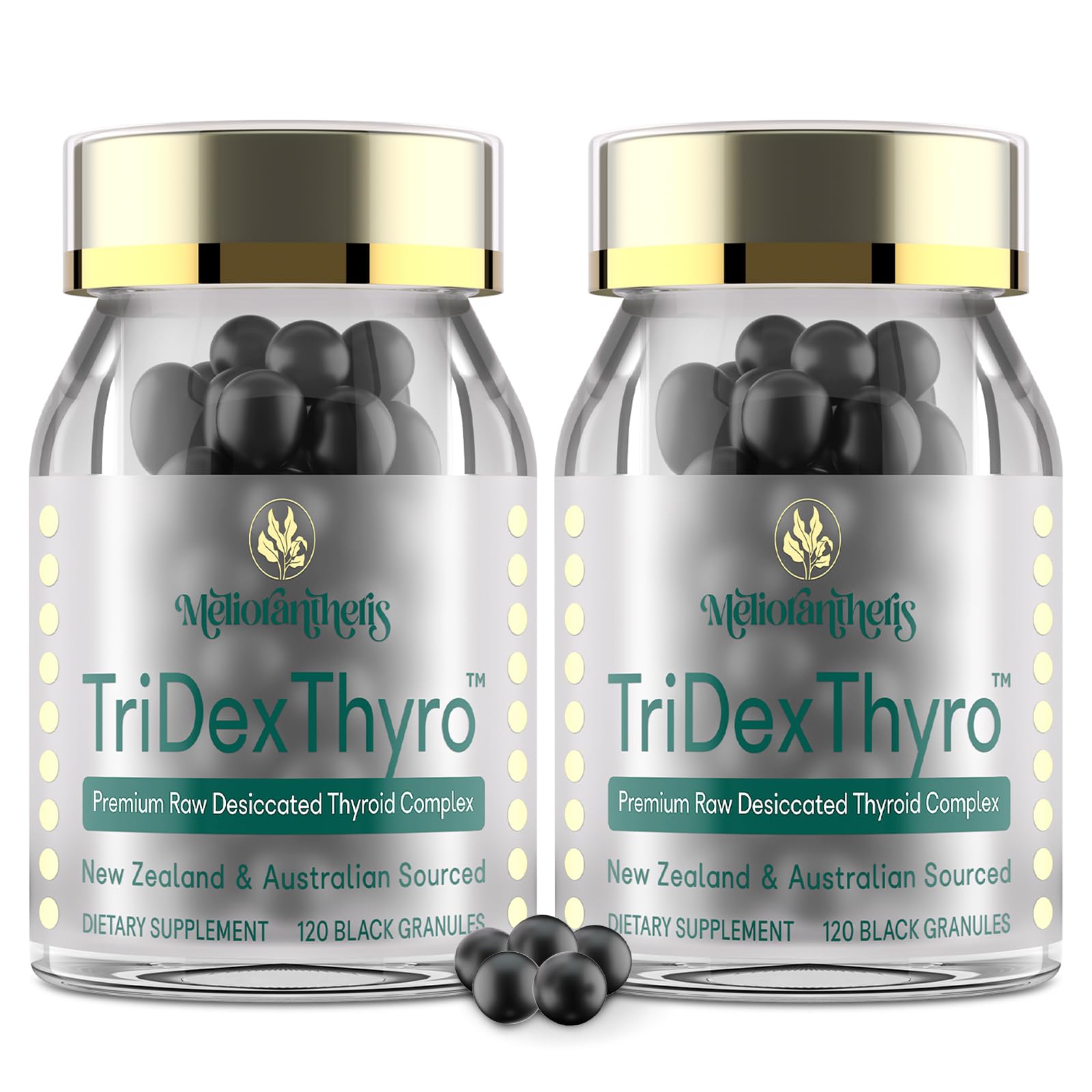 Meliorantheris TriDexThyro bottle close-up shows triple-source formula for daily balance.