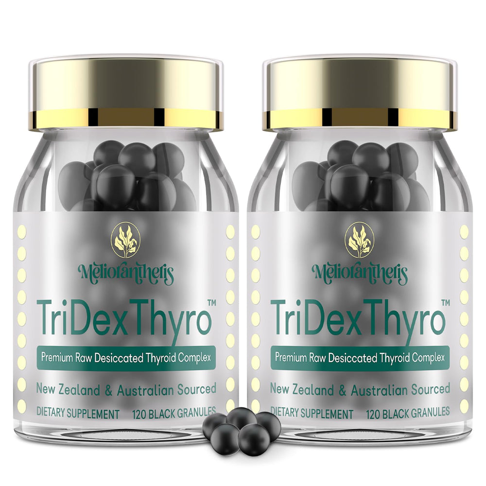 Meliorantheris TriDexThyro bottle close-up shows triple-source formula for daily balance.