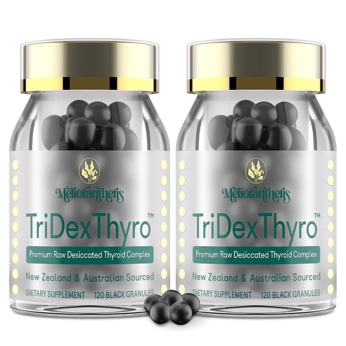 Meliorantheris TriDexThyro bottle close-up shows triple-source formula for daily balance.