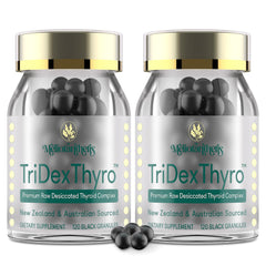 Meliorantheris TriDexThyro bottle close-up shows triple-source formula for daily balance.