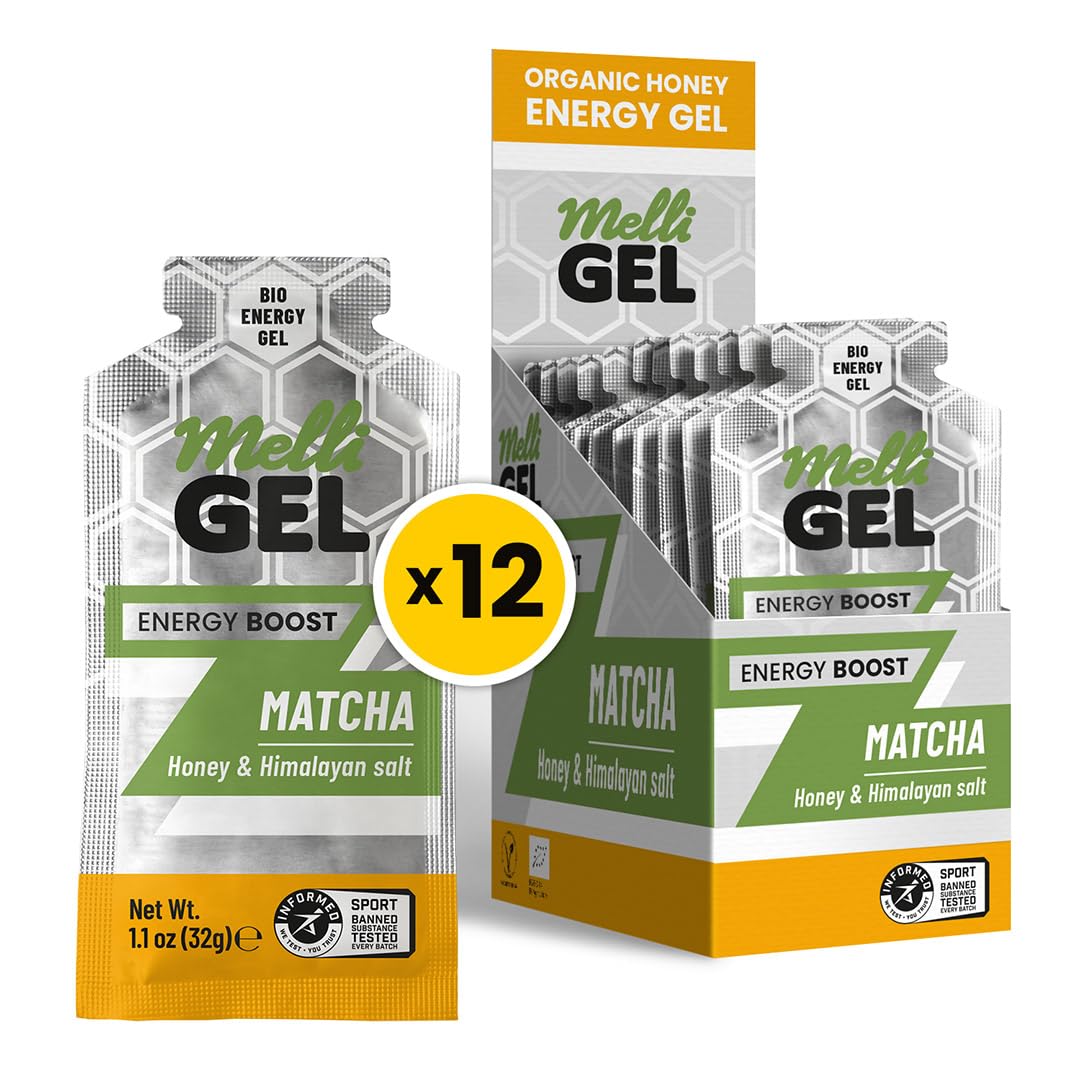MELLIGEL Energy Matcha packet closed for convenient, on-the-go fueling during runs.