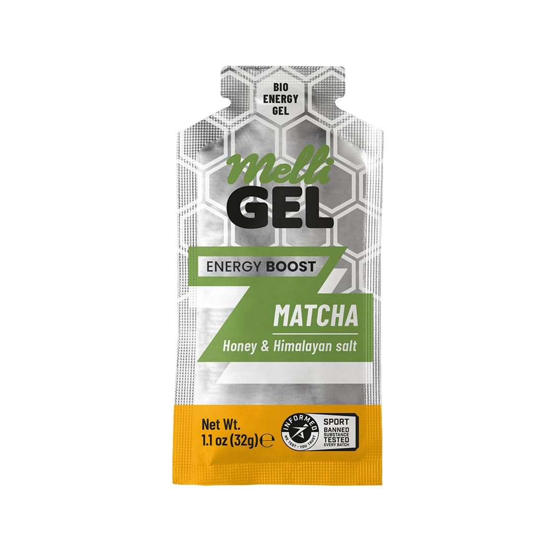 MELLIGEL Energy Matcha packet open ready to refuel mid workout.