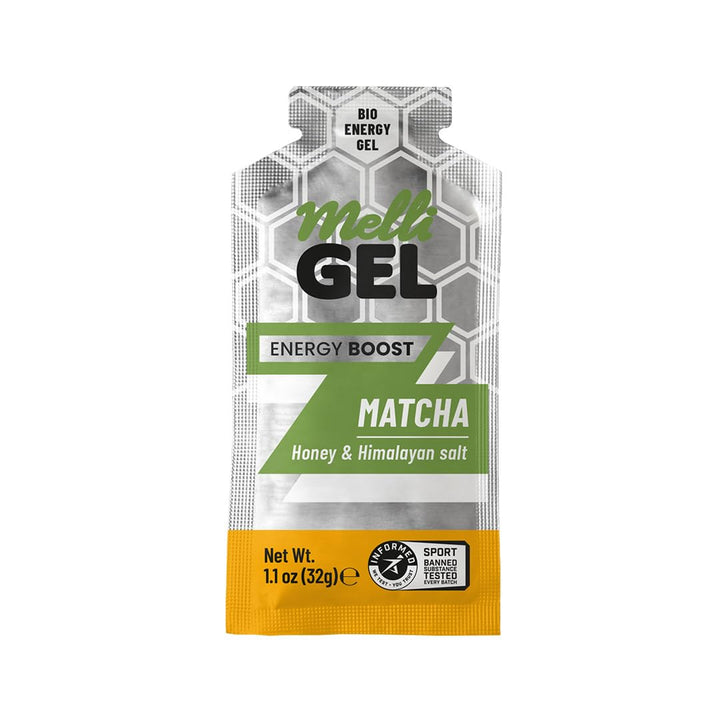 MELLIGEL Energy Matcha packet open ready to refuel mid workout.