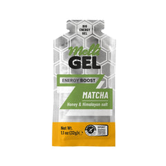 MELLIGEL Energy Matcha packet open ready to refuel mid workout.
