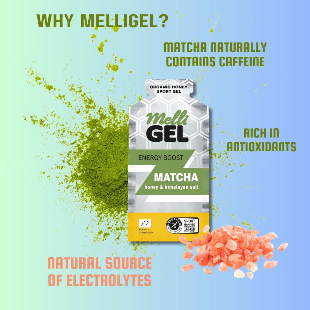 MELLIGEL Energy Matcha on a running belt for portable nutrition.