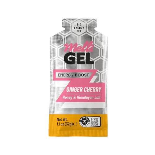 MELLIGEL Ginger Cherry packet opened for quick fueling on runs