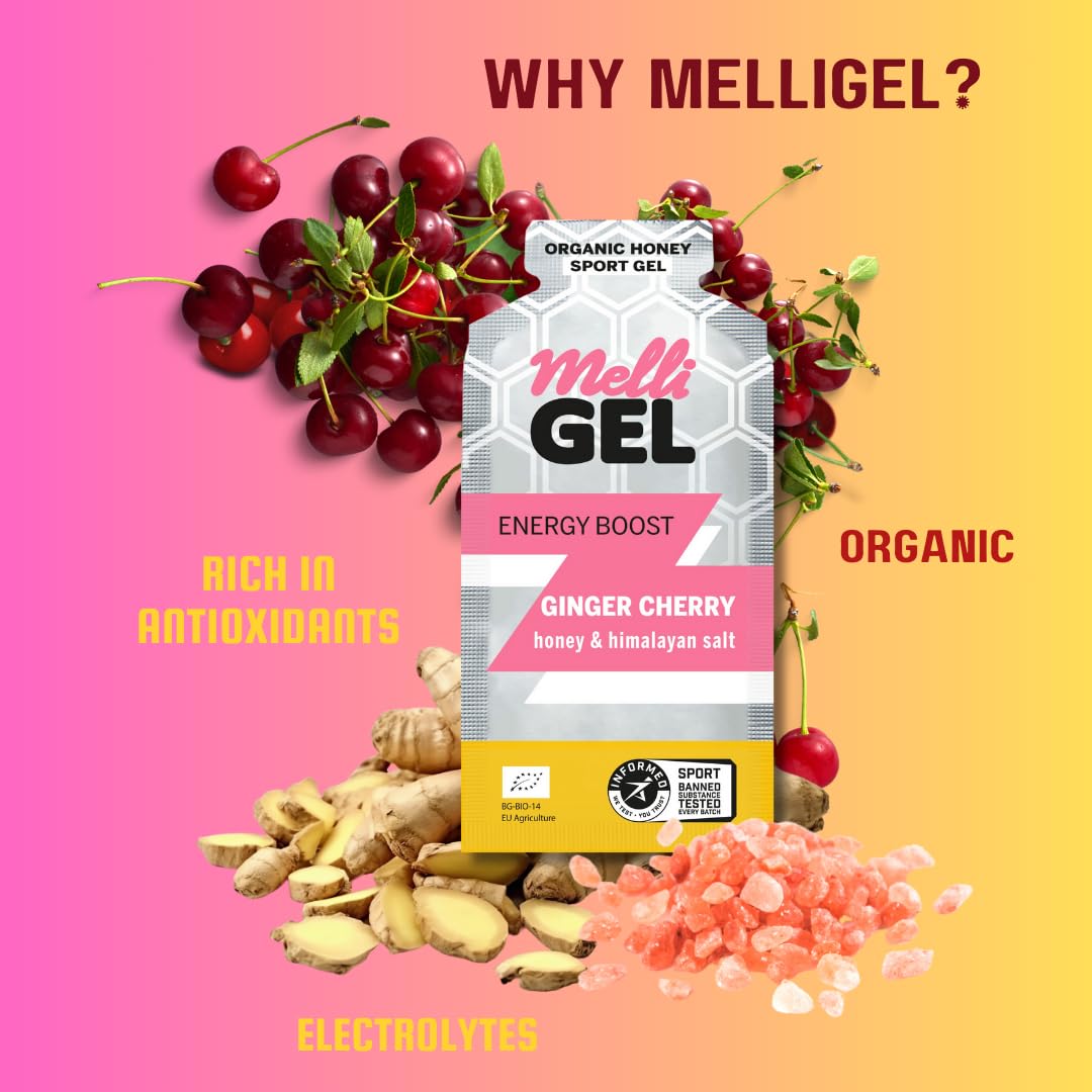 MELLIGEL Ginger Cherry performance gel on a runner during training