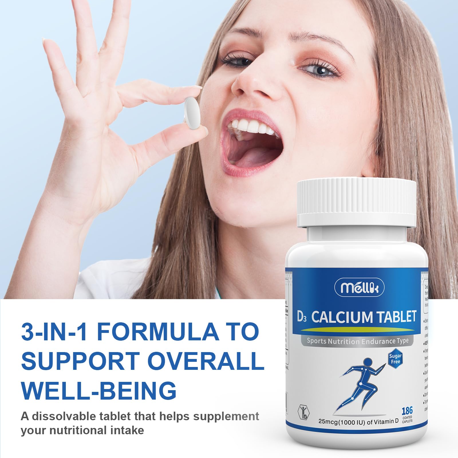 Mellk calcium tablets being dispensed for daily routine.