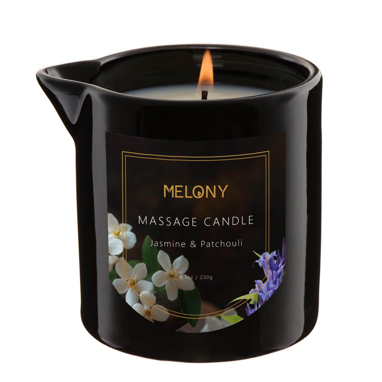 Melony Luxury Massage Candle jar closeup showing premium packaging for at-home spa rituals.