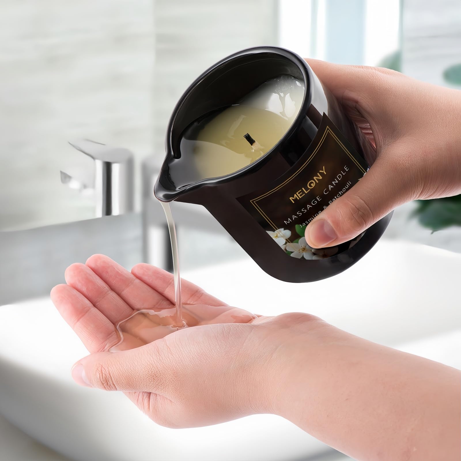Melony Luxury Massage Candle wax melt reveals silky oil for massage or moisturizer.