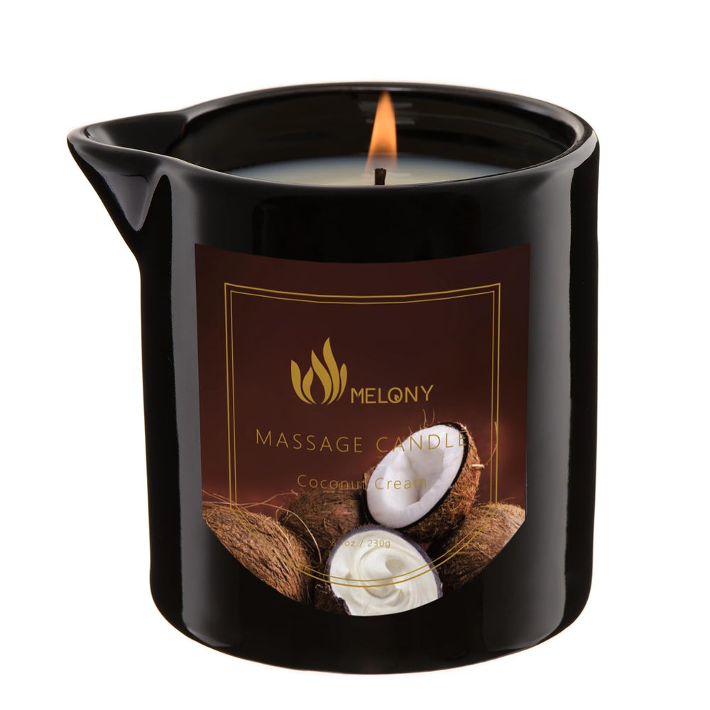 Melony Massage Candle: coconut-cream focus for a silky, long-lasting massage.